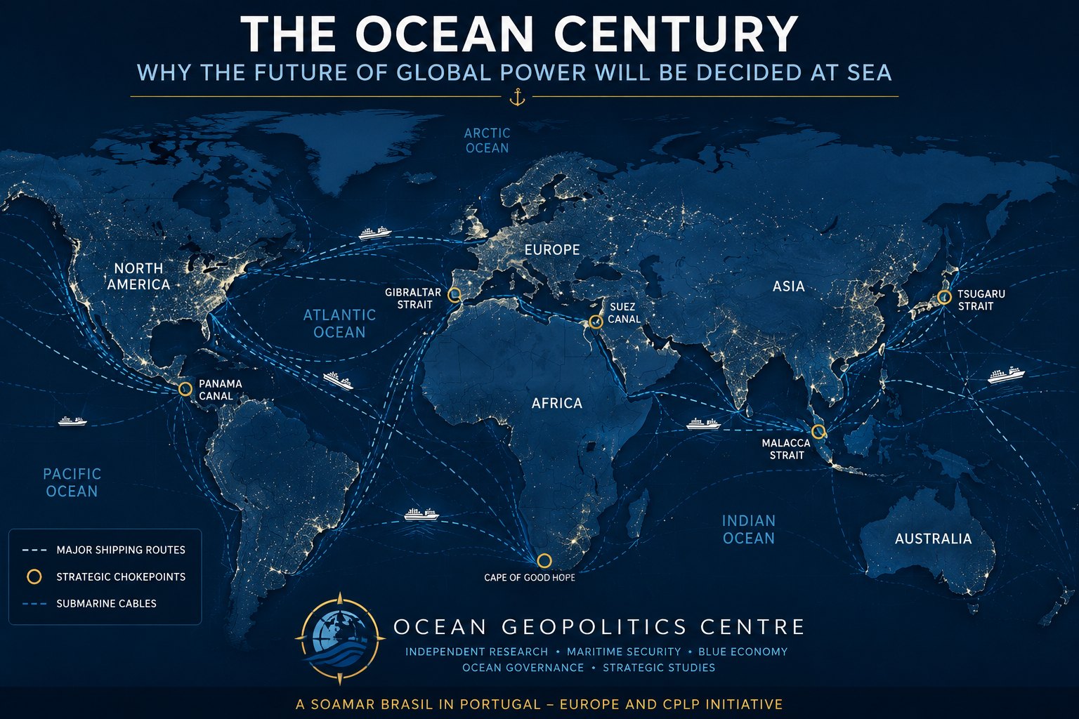 O Século do Oceano: mapa-mundo das principais rotas marítimas, pontos de estrangulamento estratégicos e cabos submarinos